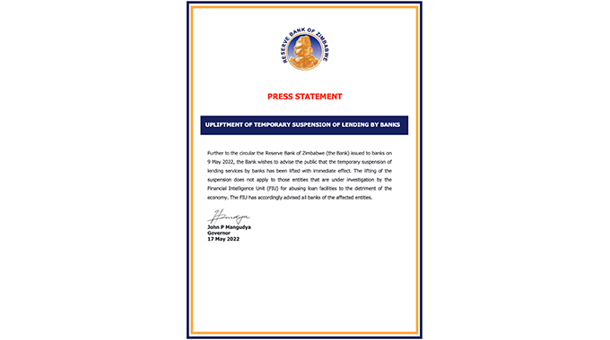 RBZ lifts suspension on lending