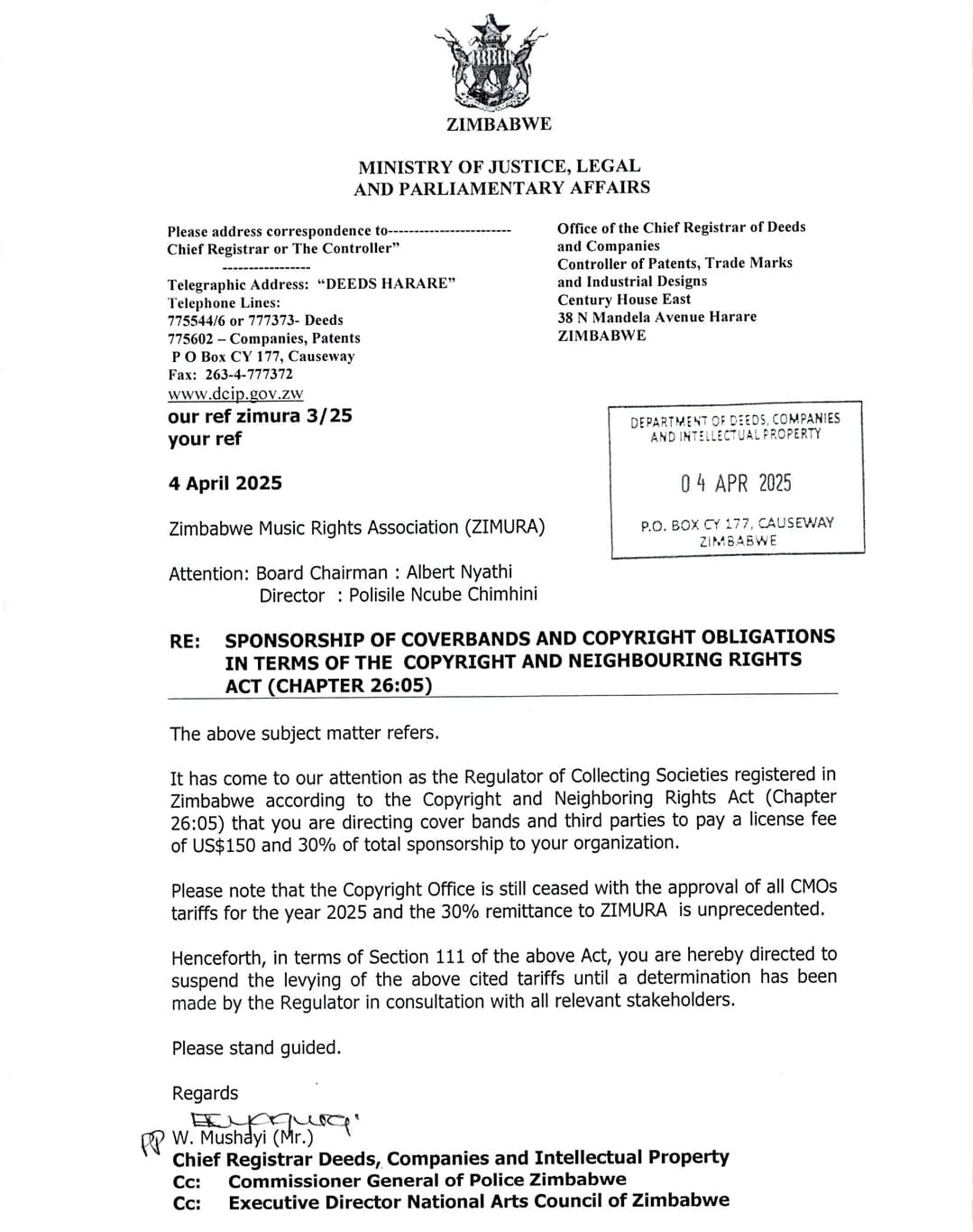 NEW: Justice Ministry halts ZIMURA’s US$150 cover band tariff