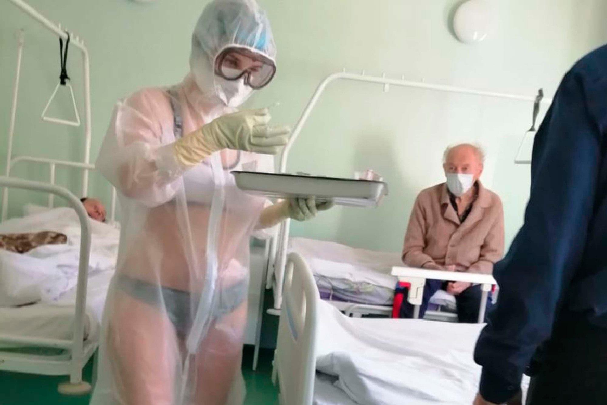 ‘Hot’ nurse disciplined for wearing bra and panties under see-through PPE gown
