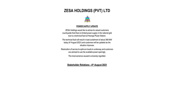 JUST IN: Brace for loadshedding- Zesa